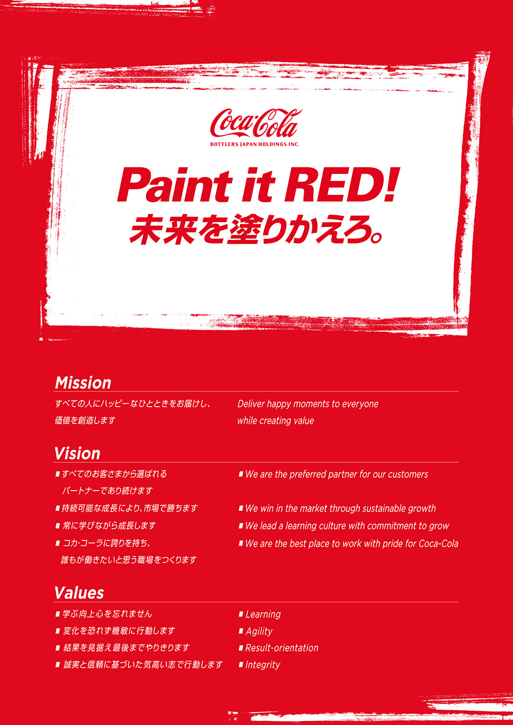 【Paint it RED!】
				MISSON: Deliver happy moments to everyone while creating value.
				VISION: We are preferred partner for our customers. / We win in the marketthrough sustainable growth. / We lead a learning culture with commitment to grow. / We are the best place to work with pride for Coca-Cola.
				VALUES: Learning / Agility / Result-orientation / Integrity